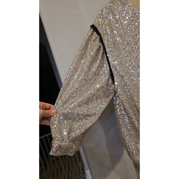 7 For All Mankind Shift Dress Womens L Gold Sequin Long Sleeve Scoop Neck - Picture 3 of 10